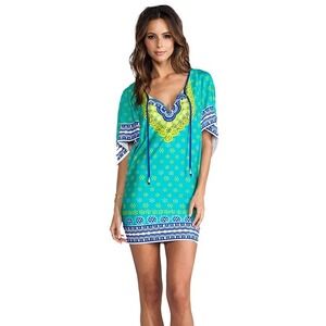 Trina Turk Seychelles Print Kimono Cover Up Tunic Dress Green Medium Resortwear